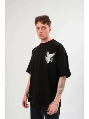 Unisex Bisiklet Yaka Baskılı Oversize T-Shirt - Siyah