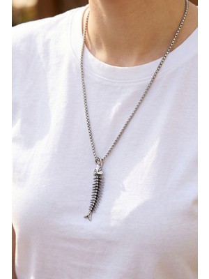 Balzamin Design Çelik Balık Kılçığı Kolye 60 cm Zincir 316L Paslanmaz Unisex Kolye Suya Dayanıklı Kolye