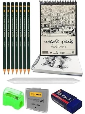 Erdo Ticaret A4 120 gr Eskiz Defteri Telli 7 Adet Dereceli Kalem Çizim Seti Pastel Dağıtma Silgi Karakalem Eskiz Seti Kalemtraş