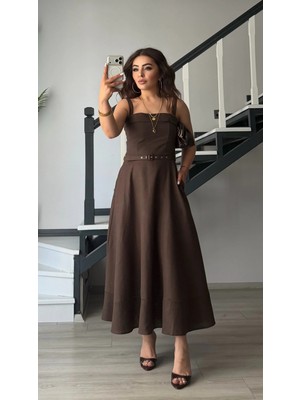 Elisin Acı Kahve Keten Kemerli Askılı Midi Elbise