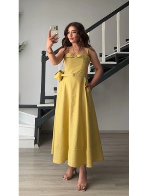 Elisin Olive Keten Kemerli Askılı Midi Elbise