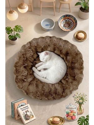 Empressco Yumuşak Peluş Yuvarlak Kedi Köpek Yatağı - Kahverengi