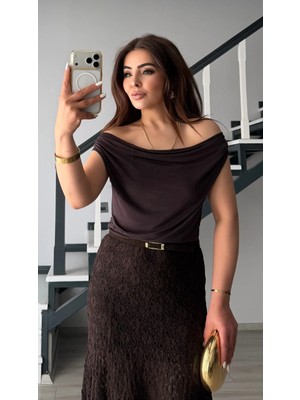 Elisin Acı Kahve Degaje Yaka Çift Kat Bluz