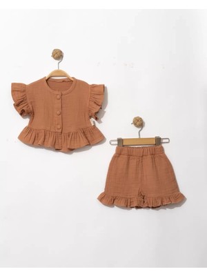 İkikareshop 6/24 Ay Düğme Detaylı Müslin Kumaş Bebek Takımı