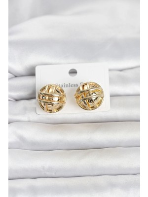 Teknoparkx Mey Ithalat® 316L Çelik Gold Renk Desenli Top Model Kadın Küpe