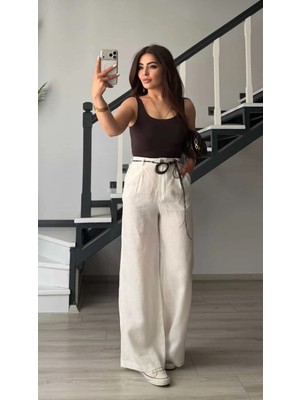 Elisin Beyaz Kemerli Ham Keten Pantolon