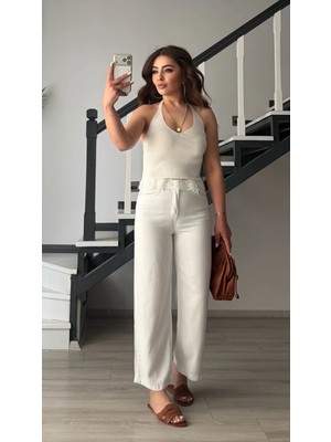 Elisin Beyaz Tencel Culotte Pantolon