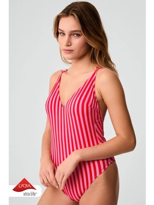 Kom Linje Çizgi Desen Üçgen Mayo Pembe