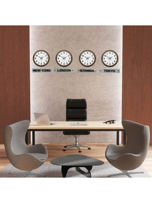 Teknoparkx Antique World 36 cm Eskitme Metal 4’lü Dünya Saat Seti Tabelalı
