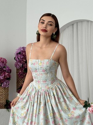 Nils Butik Ip Askılı Çiçek Desenli Midi Kloş Elbise