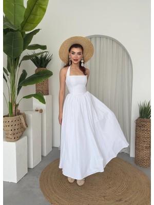 Nils Butik Luna Boyundan Bağlamalı Poplin Midi Elbise