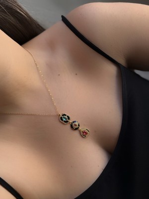 Owentis Çelik Gold Siyah Mineli Renkli Taşlı Elmas Model Julia Kolye -Kararma Yapmaz-