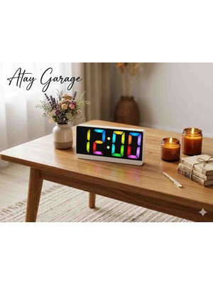 Atay Garage Renkli Rgb LED Aynalı Dijital Masa Saati Dijital Alarmlı LED Ekranlı Masa Saati Masaüstü Dijital RGB Saat