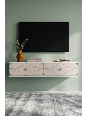 Yumedi Design TDA1297BTS -Elifa Duvara Montaj Tv Stand , Tv Sehpası 120CM Beyaz-Traverten-Silver