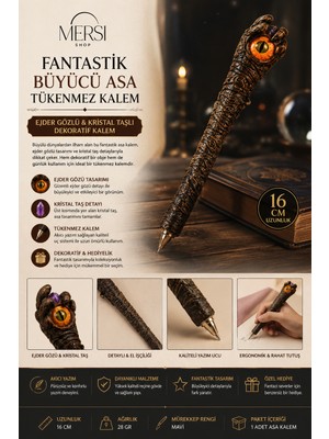 Mersi Shop Fantastik Büyücü Asa Tükenmez Kalem | Ejder Gözlü & Kristal Taşlı Dekoratif Kalem 16CM