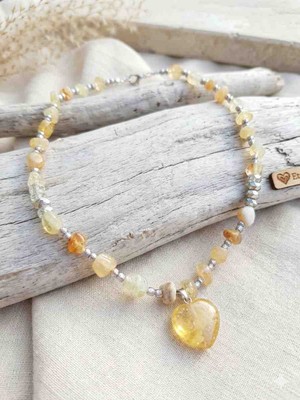 Shine Elagance Doğaltaş Para,bolluk ,bereket Taşı Sitrin Aralarda Doğal Kristal Taşı Ucunda Kalp Sitrin Temalı Kapamaları Çelik Kadın Kolye Hediyelik
