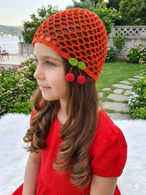 Happy Handmade Nar Çiçeği Rengi 7/12 Yaş Viral Kroşe Çocuk Şapkası/kirazlı Yazlık Çocuk Şapkası/çocuk Saç Filesi/çocuk File Bere/çocuk Doğum Günü Hediyesi/özel Çocuk Karne Hediyesi/çocuk Hediyelik