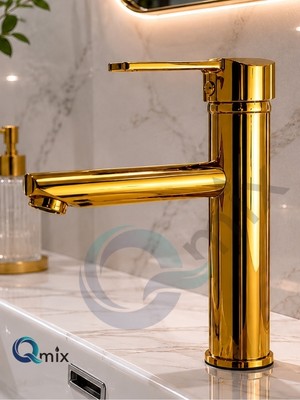 Qmix Lüks Parlak Gold Sabit Mix Aç Kapa Kısa Banyo Lavabo Bataryası – Komple Pirinç, Dayanıklı, Modern Tasarım
