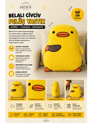 Mersi Shop Belalı Civciv Tasarımlı Peluş Yastık 40 cm – Yumuşak ve Eğlenceli Dekoratif Yastık