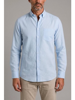 Bisse Mavi Regular Fit Keten Paşa Yaka Gömlek GMKTN3PS224003_D35