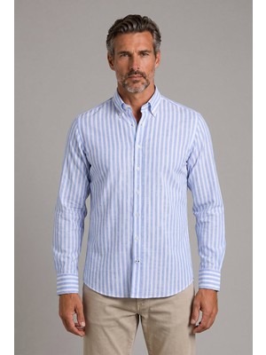 Bisse Mavi Regular Fit Pamuk Keten Uzun Monti Gömlek GMKTN250008_D35