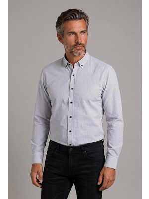 Bisse Siyah Modern Fit Pamuk Düğmeli Paşa Yaka Küçük Armür Kare Gömlek GMKRA0122300200_D99