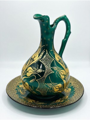 Empressco Yaldızlı Çini Ibrik ve Vazo Seti, El Işlemeli, Kabartma Desenli, 32 cm