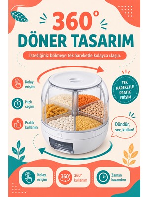 SHC4200 Tek Tuşla Kullanılan Şeffaf Kapaklı Bakliyat Saklama Kabı 6 Bölmeli Döner Hazneli