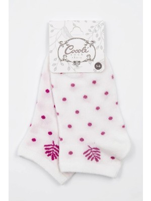 Cocole Socks Kız Bebek Patik Çorabı 2’li Set Pamuklu Ekru Zemin Üzeri Fuşya Puantiye & Yaprak Desenli