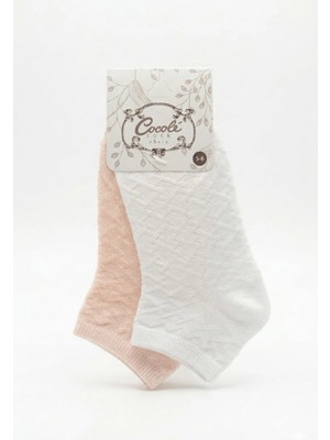 Cocole Socks Kız Bebek Patik Çorabı 2'li Set Pamuklu Beyaz & Somon Baklava Desenli