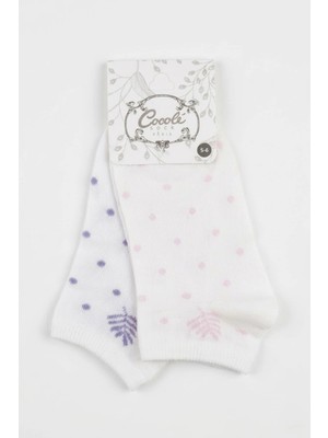 Cocole Socks Kız Bebek Patik Çorabı 2’li Set Pamuklu Beyaz Zemin Üzeri Lila & Pudra Pembe Puantiye Yaprak Desenli