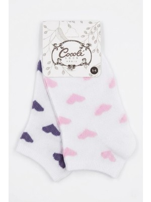 Cocole Socks Kız Bebek Patik Çorabı 2’li Set Pamuklu Beyaz Zemin Üzeri Pudra Pembe & Mor Kalp Desenli