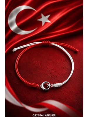 Crystal Atelier Türkiye Milli Takım Ay Yıldız Makrome Bileklik Kırmızı Beyaz El Yapımı Ayarlanabilir Unisex