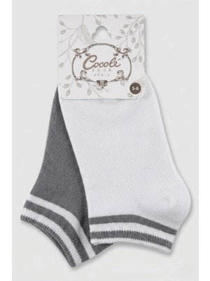 Cocole Socks Erkek Çocuk Patik Çorabı 2’li Set Pamuklu Beyaz & Gri Çizgi Detaylı