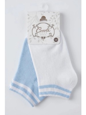 Cocole Socks Erkek Çocuk Patik Çorabı 2’li Set Pamuklu Beyaz & Mavi Çizgi Detaylı