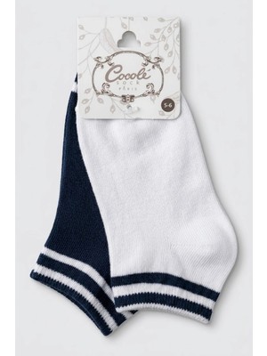 Cocole Socks Erkek Çocuk Patik Çorabı 2’li Set Pamuklu Beyaz & Lacivert Çizgi Detaylı