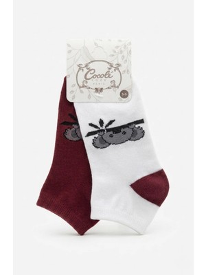 Cocole Socks Çocuk Patik Çorabı 2’li Set Pamuklu Beyaz & Bordo Koala Desenli