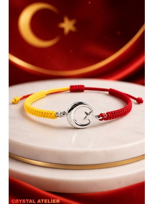 Crystal Atelier Sarı Kırmızı Ay Yıldız Makrome Taraftar Bileklik El Yapımı Ayarlanabilir Unisex