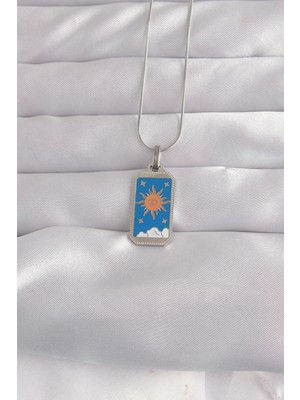DS LLC Ietaks™ 316L Çelik Gümüş Renk Mavi Mineli Güneş Model Tarot Kolye Dsllc-Ilkelgym1