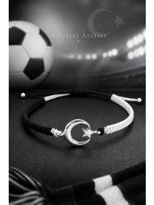 Crystal Atelier Siyah Beyaz Ay Yıldız Makrome Taraftar Bileklik El Yapımı Ayarlanabilir Unisex