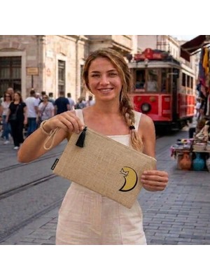 Ju Yaratıcı Tasarım Hasır Kadın Portföy Clutch Çanta Kedi