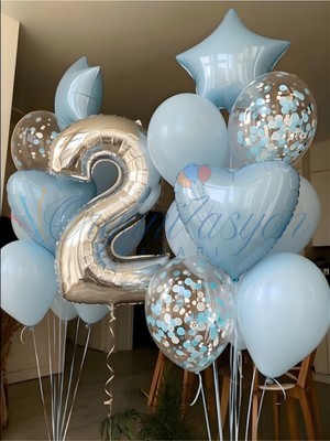 Organizasyon Pazarı Gümüş Rakam 2 Balon Seti Mavi Kalp Yıldız Konfeti Doğum Günü Seti Özel Gün Süsleme