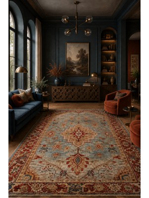 Fuly Consept Mavi Kırmızı Vintage Halı Etnik Floral Desenli Dekoratif Salon Halısı TH-3032