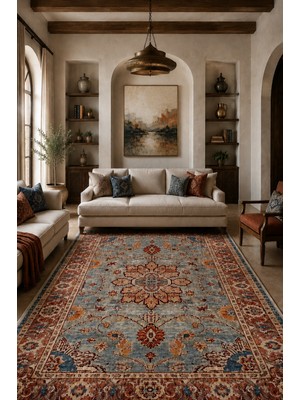 Fuly Consept Klasik Ziegler Desenli Mavi Kırmızı Halı | Vintage Saçaklı Oturma Odası Halısı | Anadolu Motifli Eskitme Görünümlü Salon Halısı | Dekoratif Bohem Şark Tarzı Kilim TH-3034