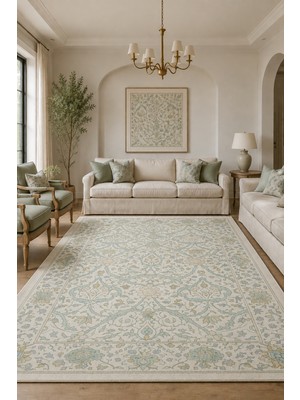 Fuly Consept Vintage Mint Yeşili Eskitme Desenli Salon Halısı | Klasik Persian Model Soft Renk Modern Dekor Halı TH-3039
