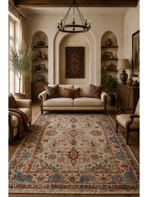 Fuly Consept Krem Mavi Vintage Halı Çiçek Motifli Dekoratif Oturma Odası Halısı TH-3031