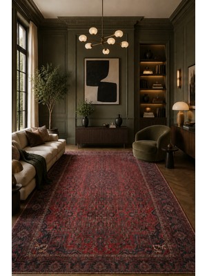 Fuly Consept Klasik Heriz Desenli Eskitme Kırmızı Lacivert Halı | Vintage Saçaklı Salon Halısı | Bordo Antik Türk Motifli Halı TH3042