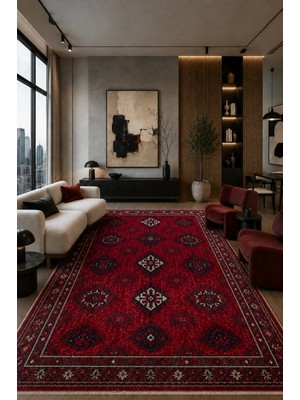 Fuly Consept Vintage Kazak Desenli Kırmızı Halı | El Dokuması Görünümlü Lacivert Bordürlü Oturma Odası Halısı | Antik Türk Motifli Yıkanabilir Salon Halısı TH-3040