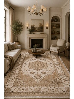 Fuly Consept Pudra Somon Vintage Halı Etnik Medalyon Desenli Dekoratif Salon Halısı 3027-1