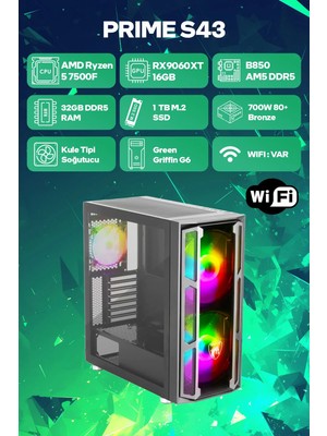 Game Garaj Prime S43 Amd Ryzen 5 7500F 32GB Ram 1tb SSD RX9060XT 16GB Freedos Oyuncu Oem Paket